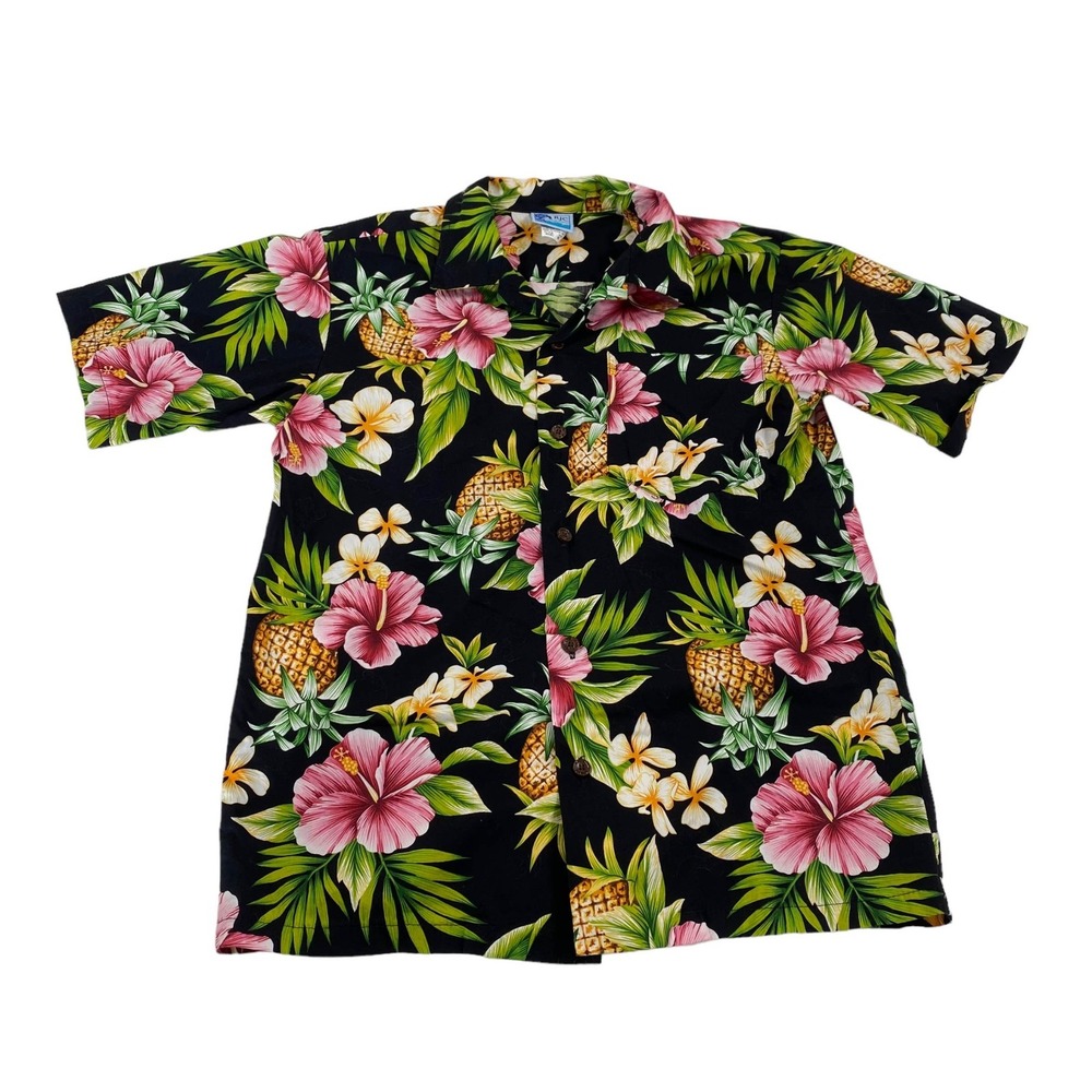 RJC Hawaiian Shirt Boy's Size 18 Floral Tropical Flowers Pineapples Black